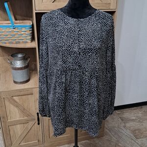 Loft Women’s Lg Black White Polka Dot Babydoll Blouse Long Sleeve Career Office